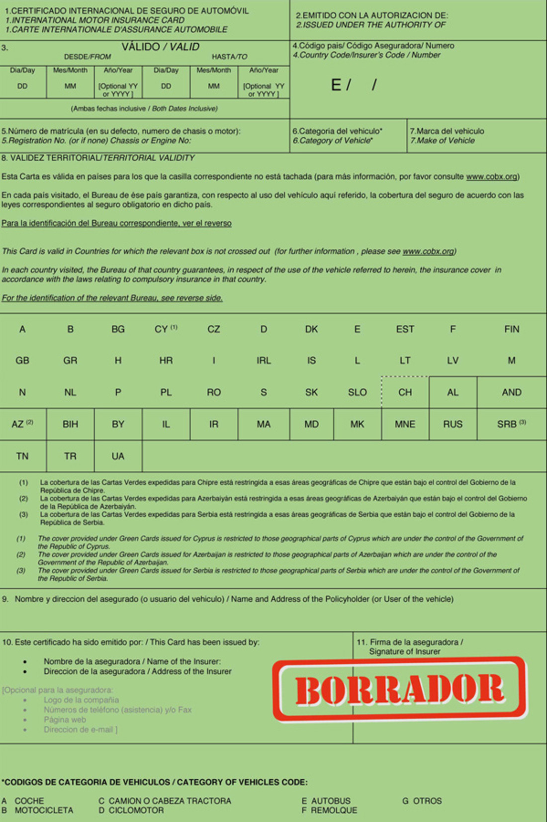 Carta Verde del seguro del coche