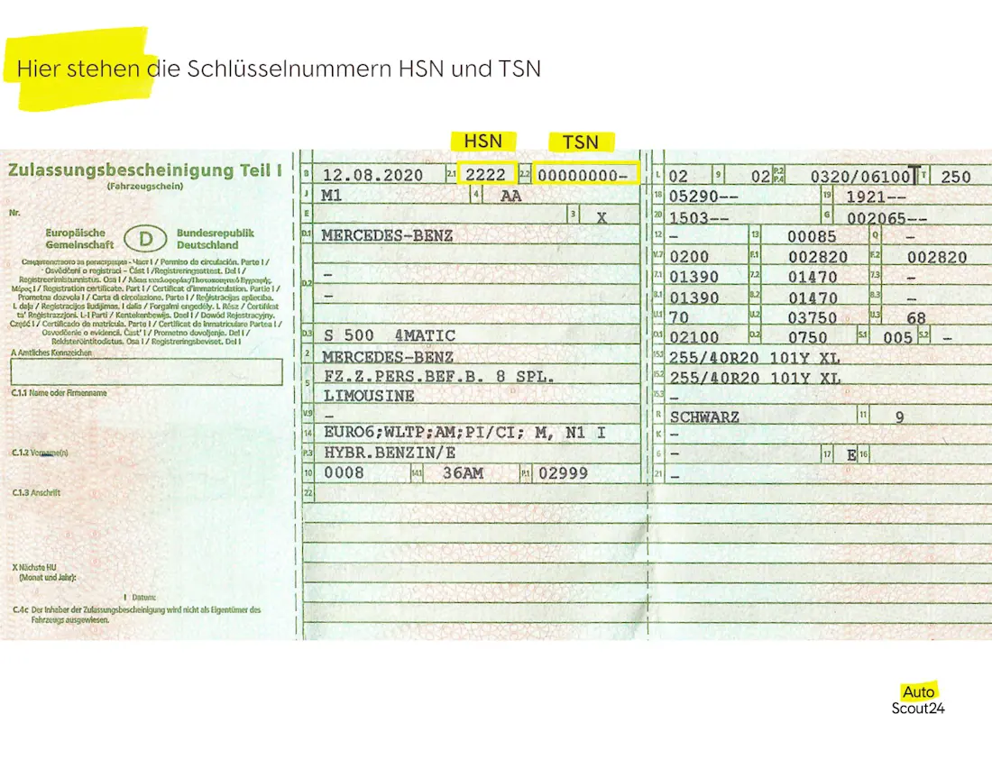 Hier stehen die HSN- und TSN-Nummern Hier stehen die HSN- und TSN-Nummern