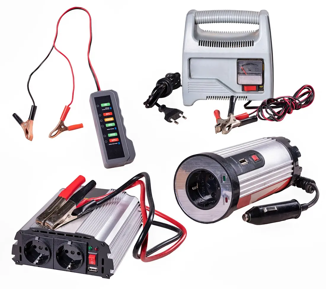 Rectifier, converter and meter for processing and testing direct current from a car battery