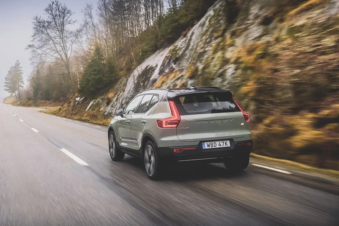 Volvo XC40 Recharge (2023) dynamic, rear view Volvo XC40 Recharge (2023) dynamic, rear view